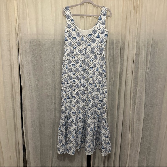 KJP Kiel James Patrick Sea Garden Maxi Dress Sz 8 blue white linen nautical sea - Picture 9 of 15